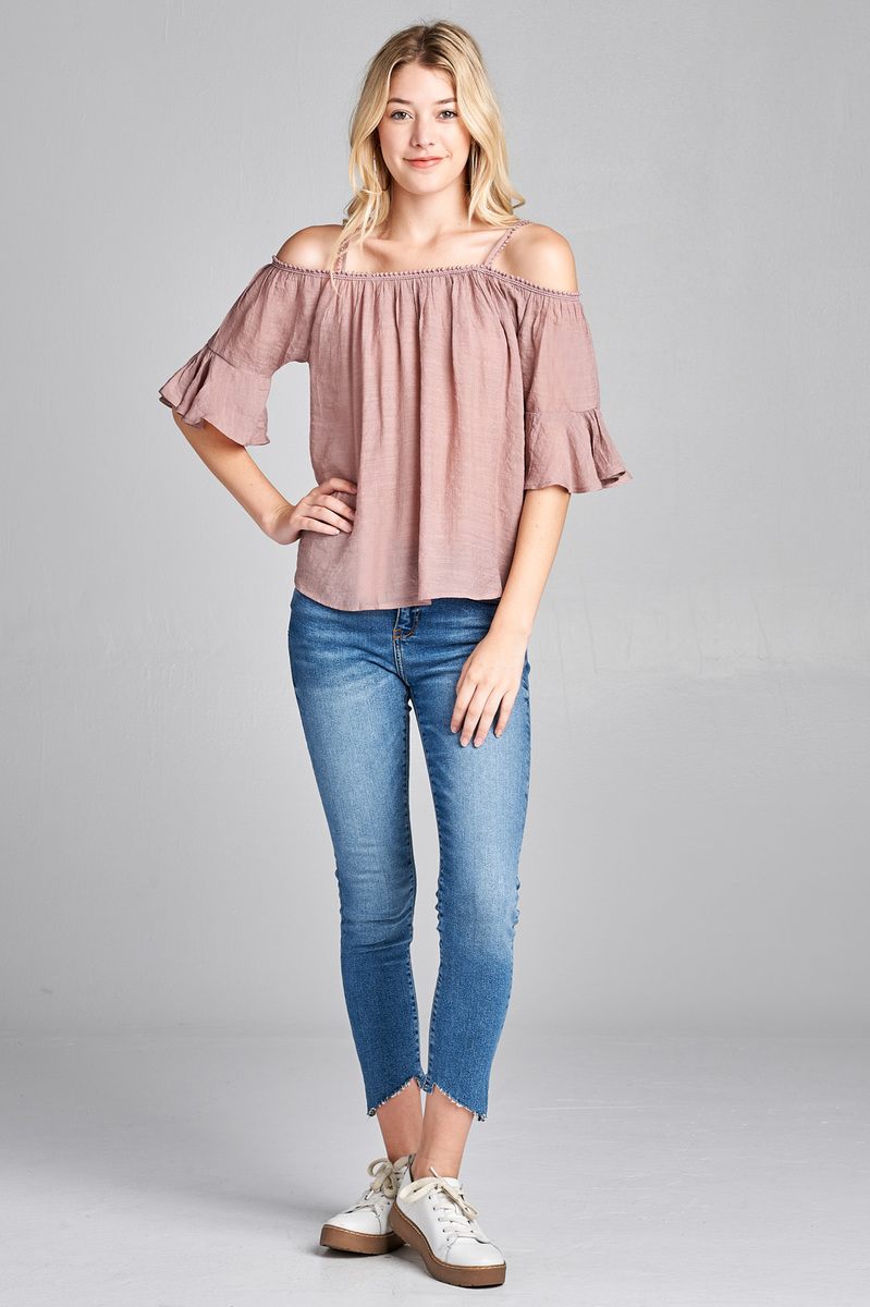 Ladies fashion plus size short sleeve open shoulder w/lace trim sub gauze woven top