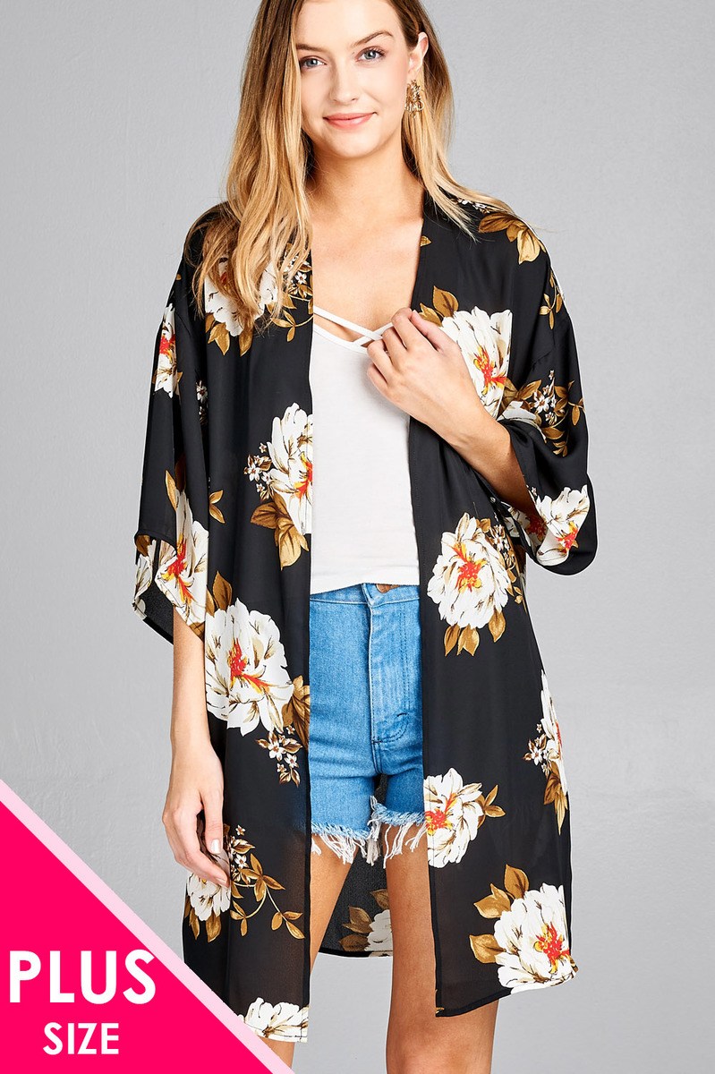 Ladies fashion plus size open front floral print woven kimono