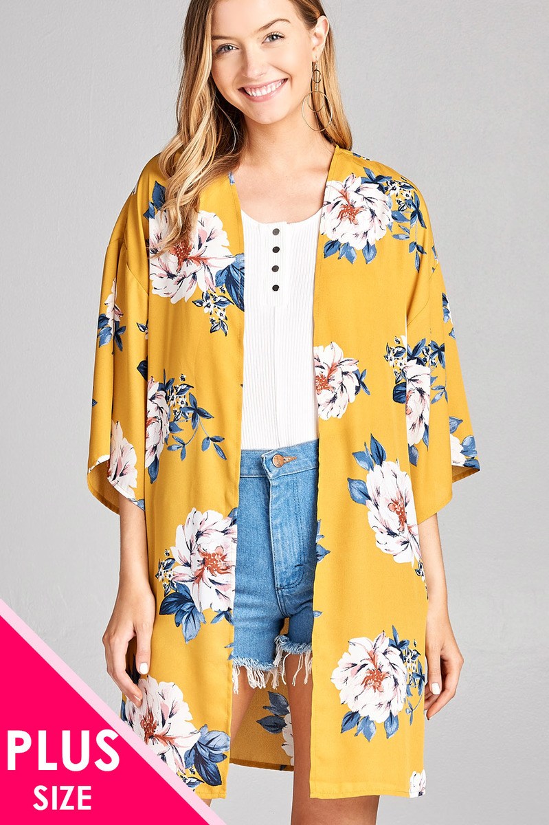 Ladies fashion plus size open front floral print woven kimono