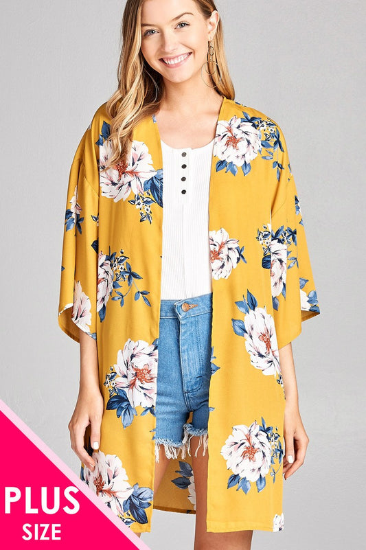 Ladies fashion plus size open front floral print woven kimono