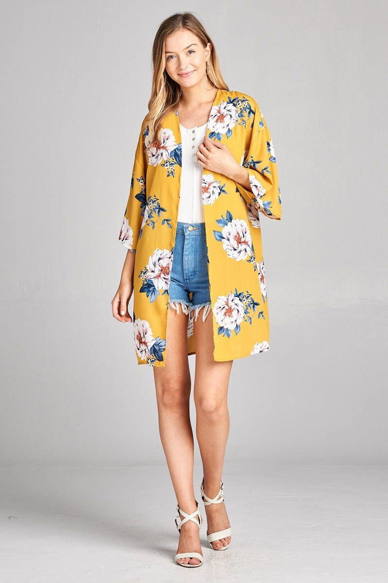 Ladies fashion plus size open front floral print woven kimono