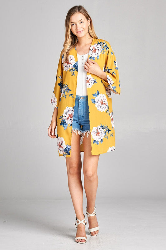 Ladies fashion plus size open front floral print woven kimono