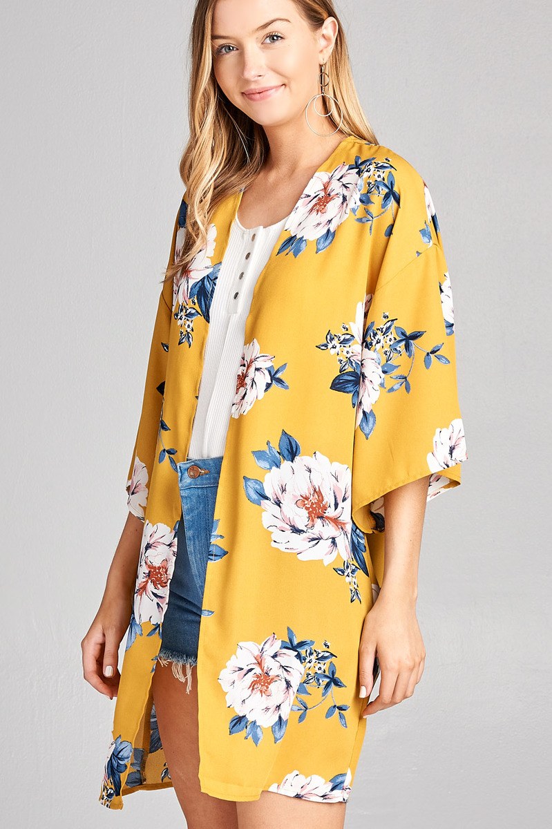 Ladies fashion plus size open front floral print woven kimono