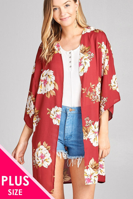 Ladies fashion plus size open front floral print woven kimono