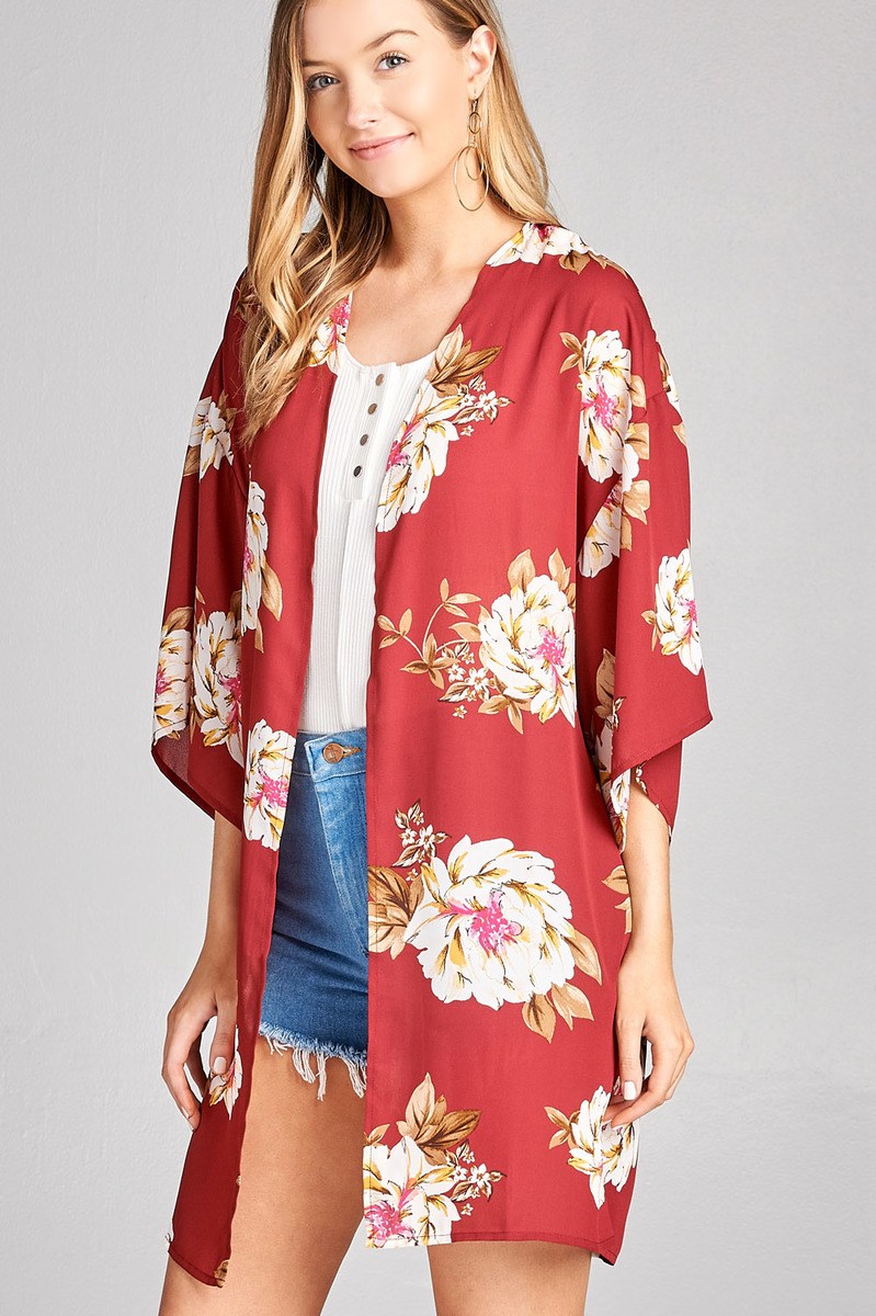 Ladies fashion plus size open front floral print woven kimono