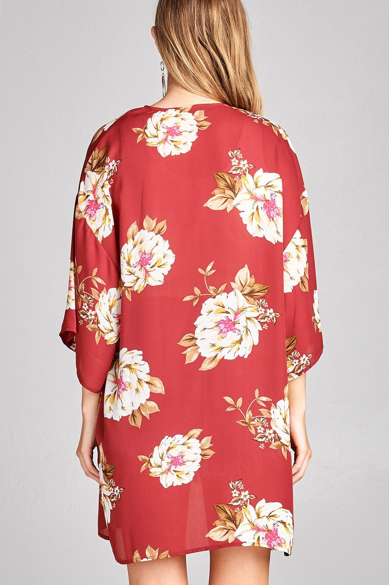 Ladies fashion plus size open front floral print woven kimono