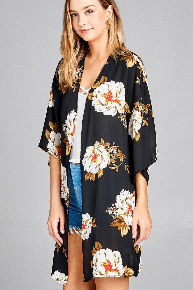 Ladies fashion plus size open front floral print woven kimono