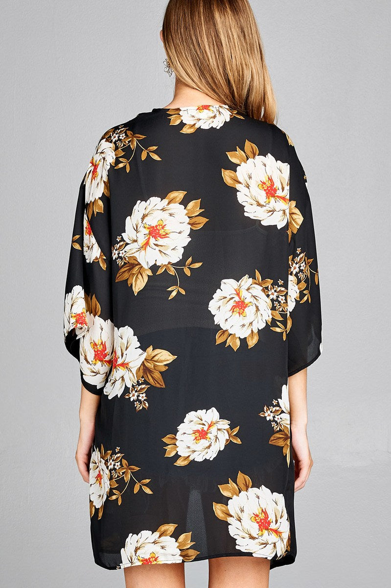 Ladies fashion plus size open front floral print woven kimono