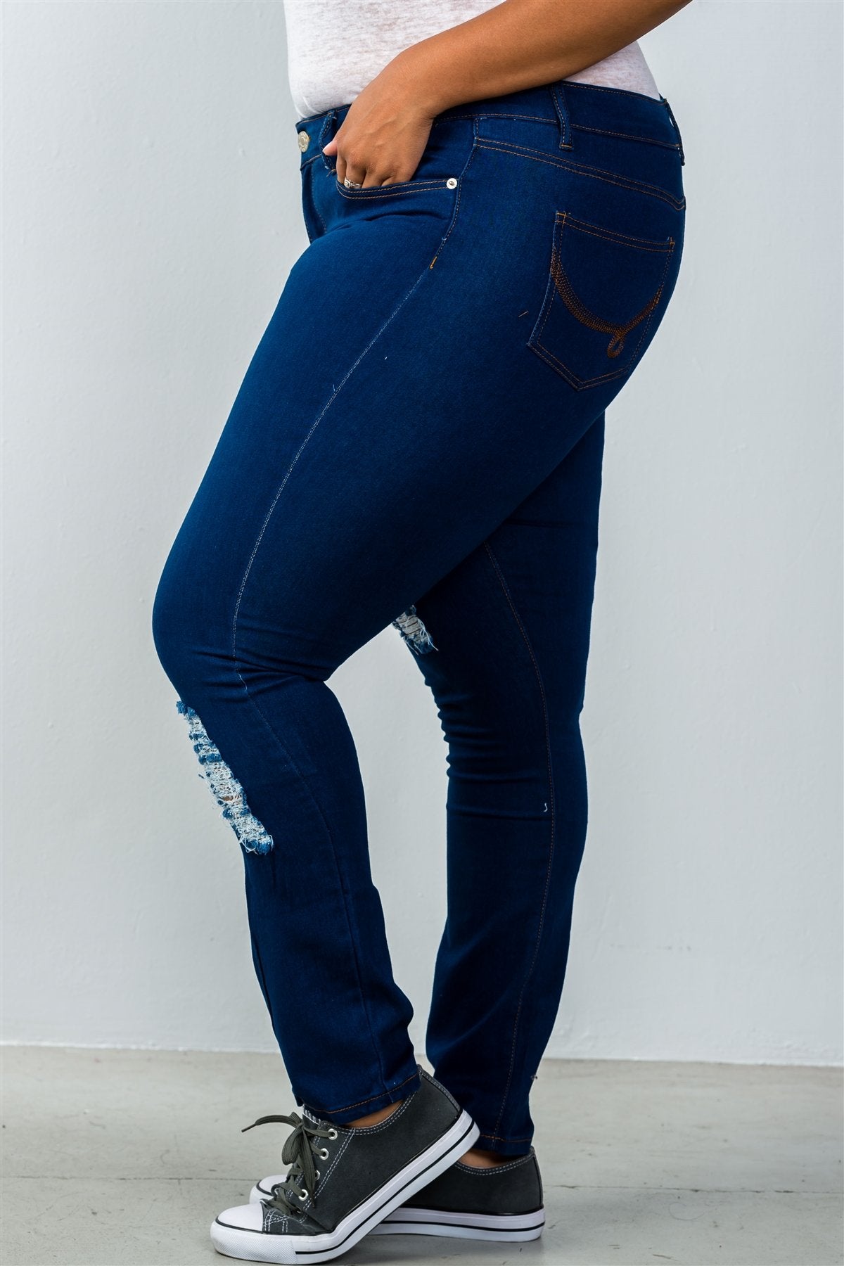 Ladies fashion plus size low rise dark blue distressed jeans