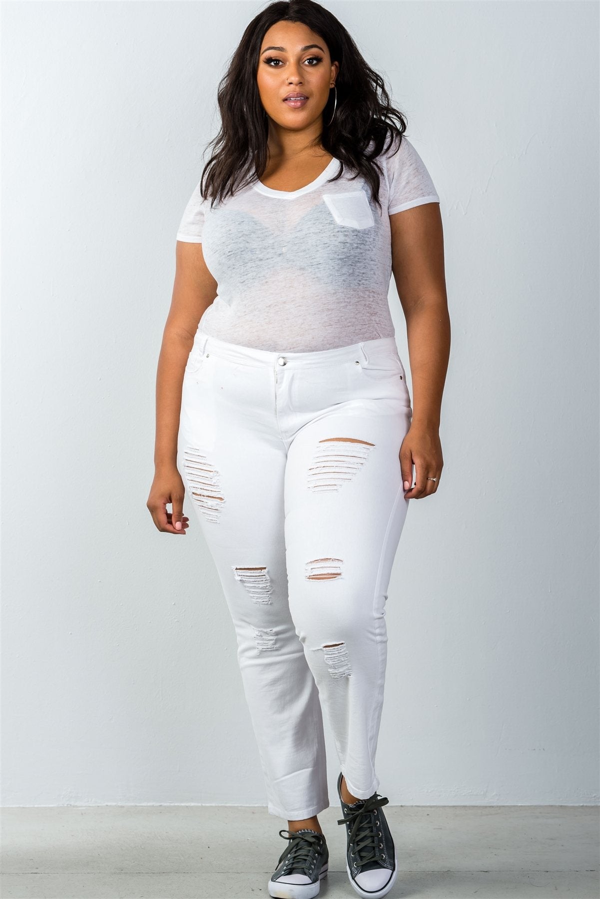 Ladies fashion plus size mid rise distressed jeans