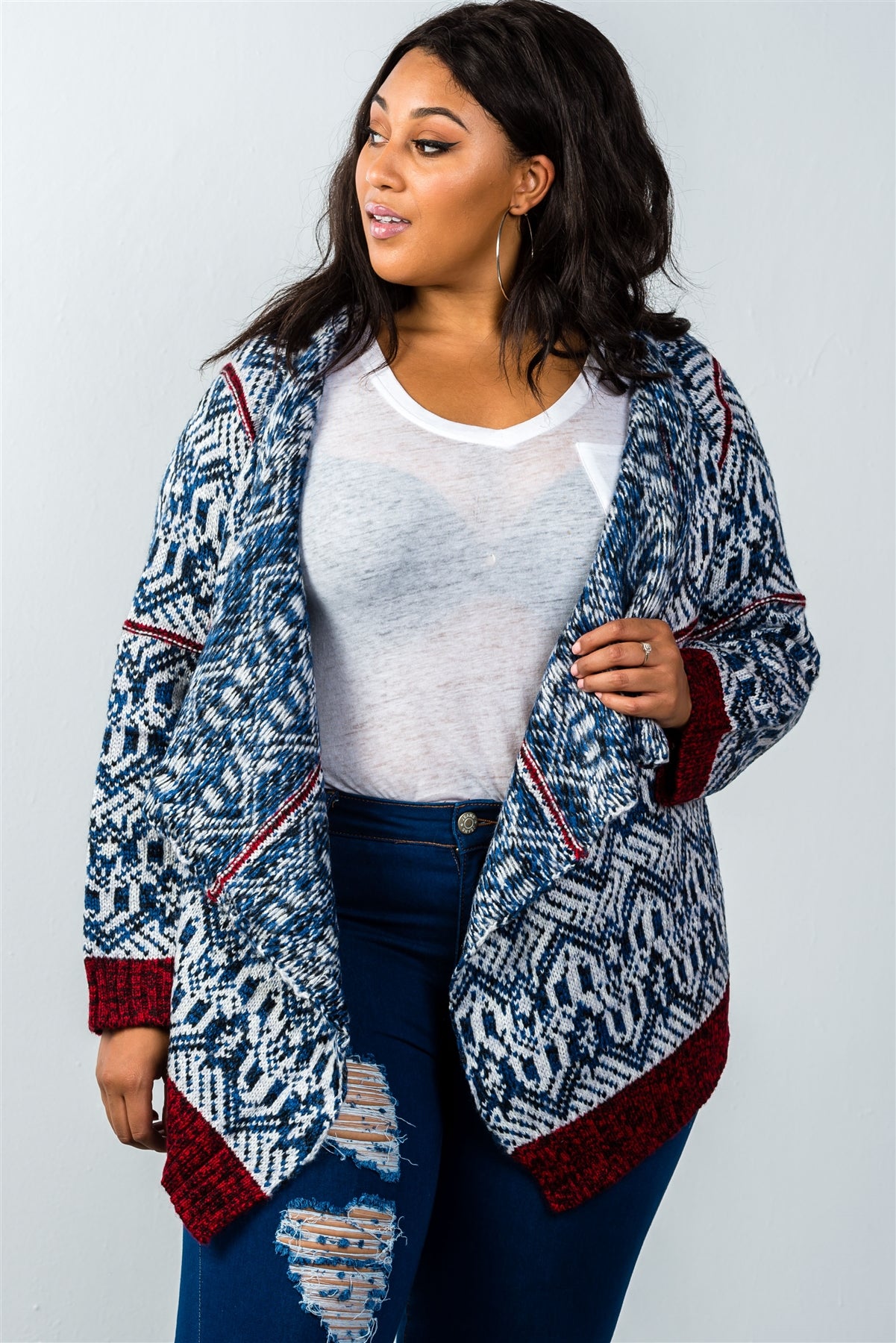Ladies fashion plus size drape open front asymmetrical hem cardigan