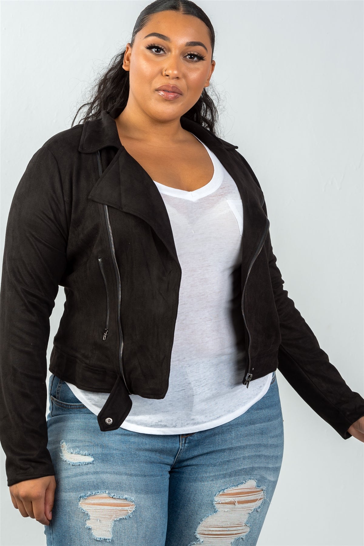 Ladies fashion plus size asymmetric zippered faux suede jacket