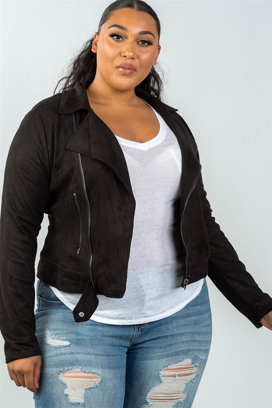 Ladies fashion plus size asymmetric zippered faux suede jacket