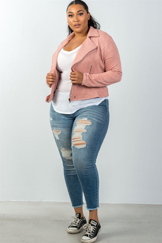 Ladies fashion plus size asymmetric zippered faux suede jacket