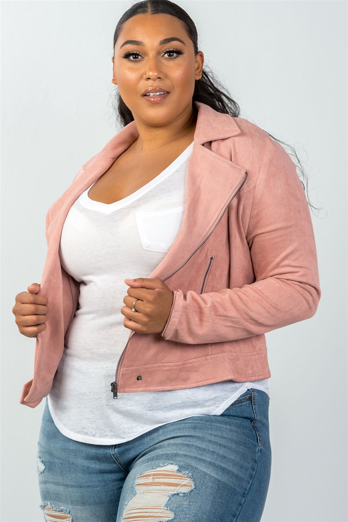 Ladies fashion plus size asymmetric zippered faux suede jacket