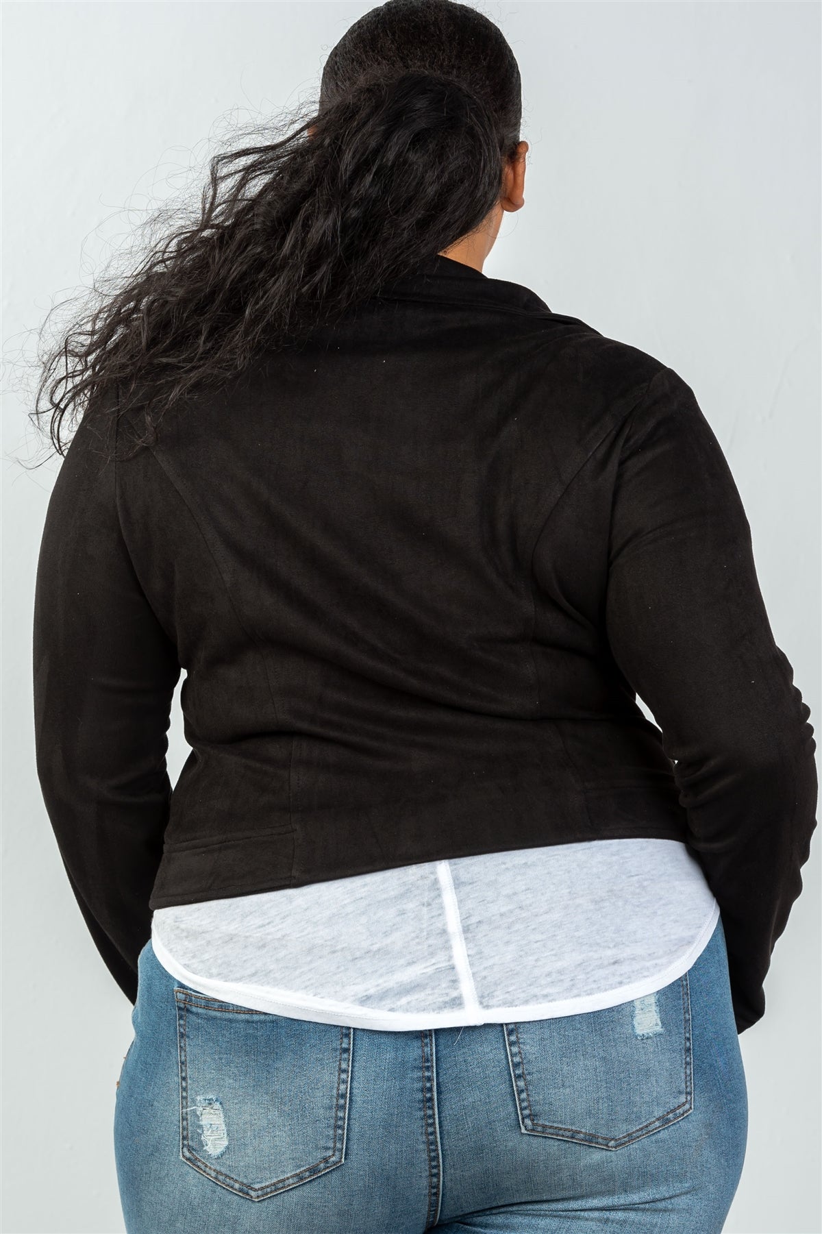 Ladies fashion plus size asymmetric zippered faux suede jacket