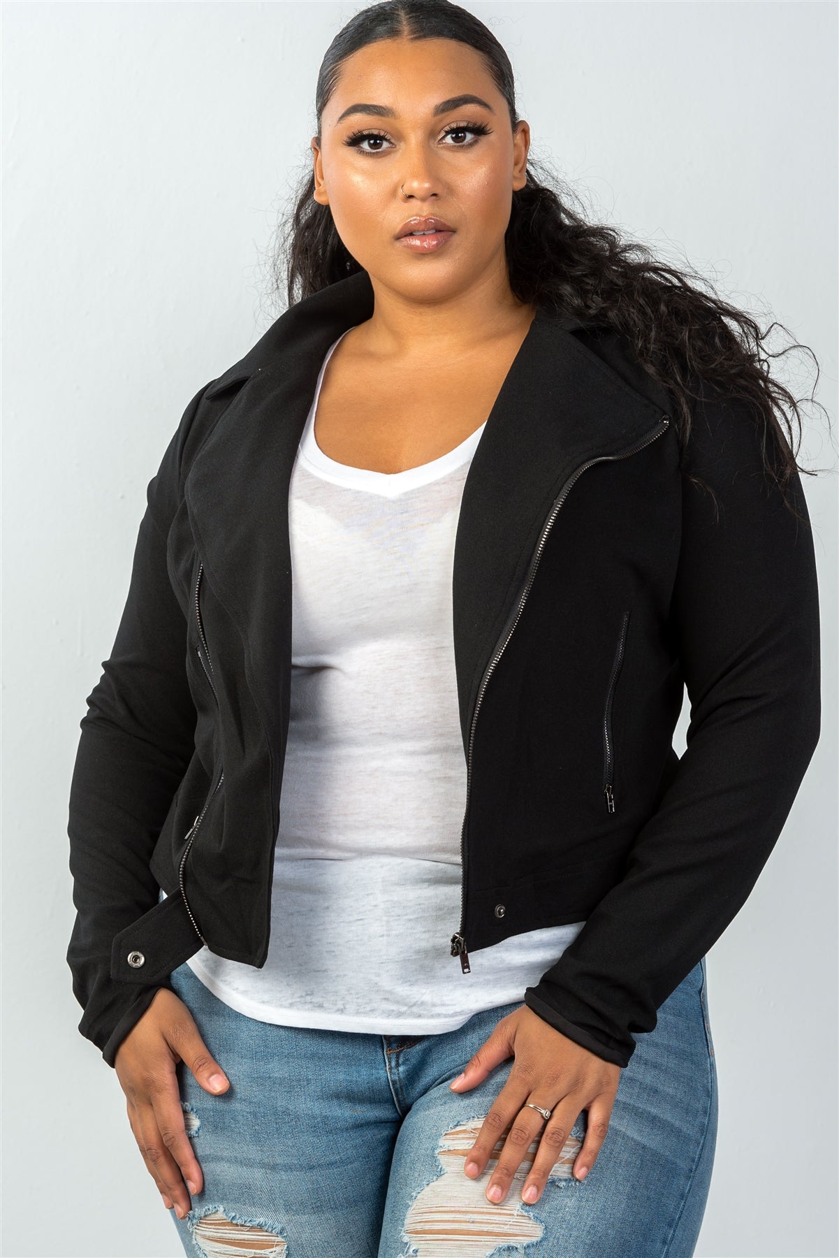 Ladies fashion plus size  asymmetric zipper moto jacket