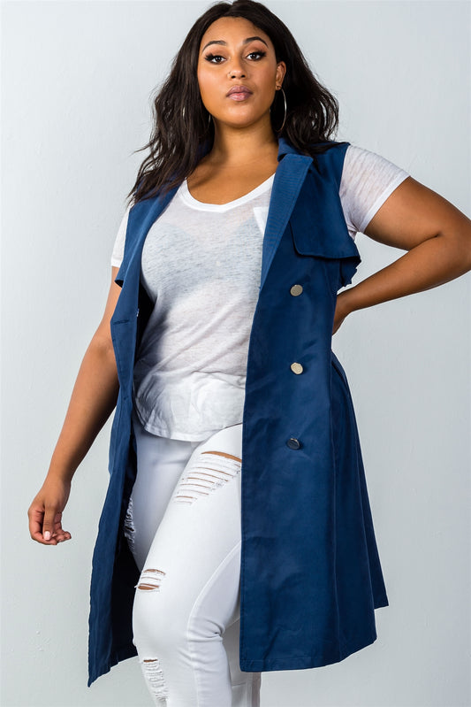 Ladies fashion plus size  navy double breasted sleeveless belted vest