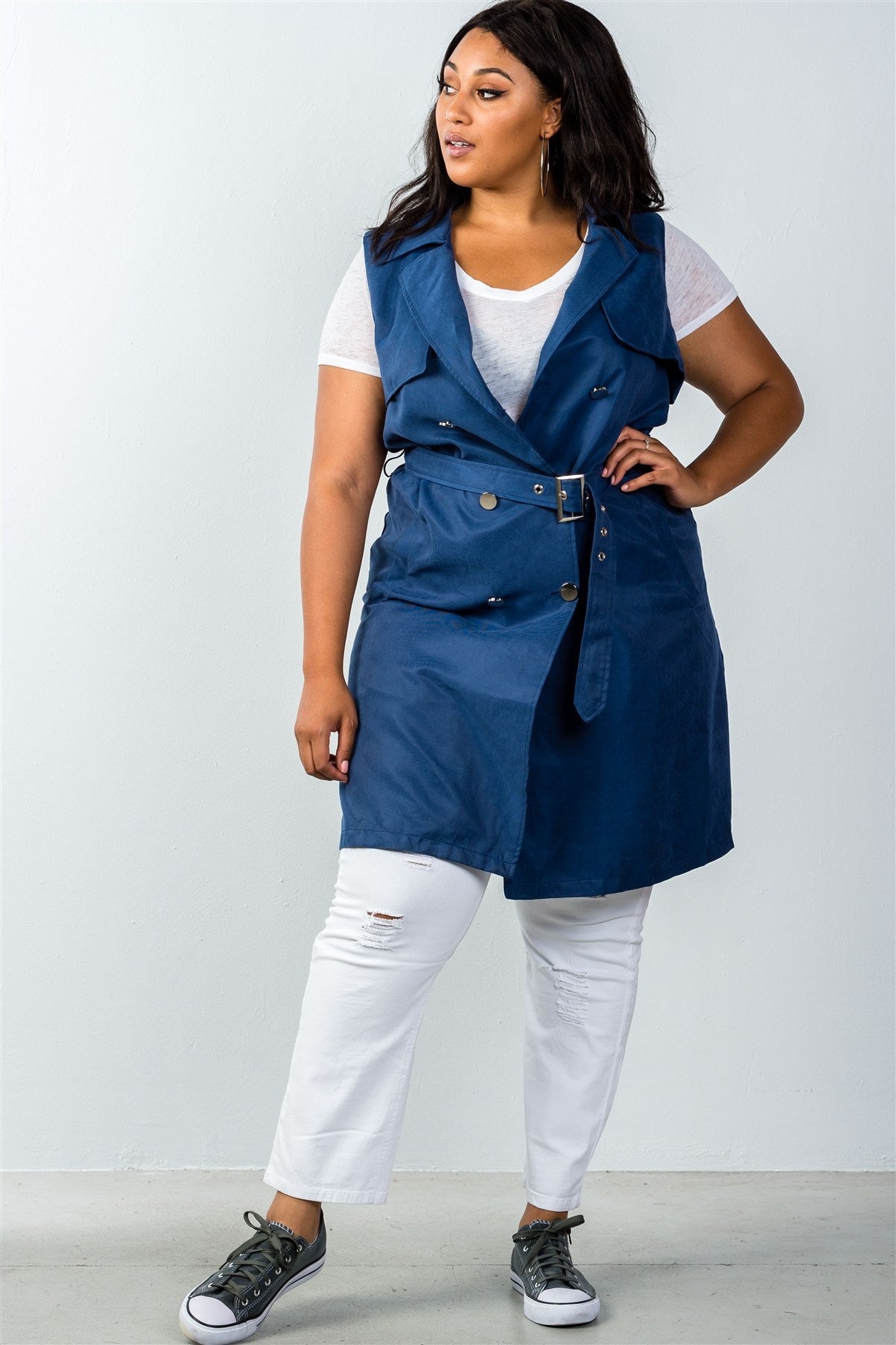 Ladies fashion plus size  navy double breasted sleeveless belted vest