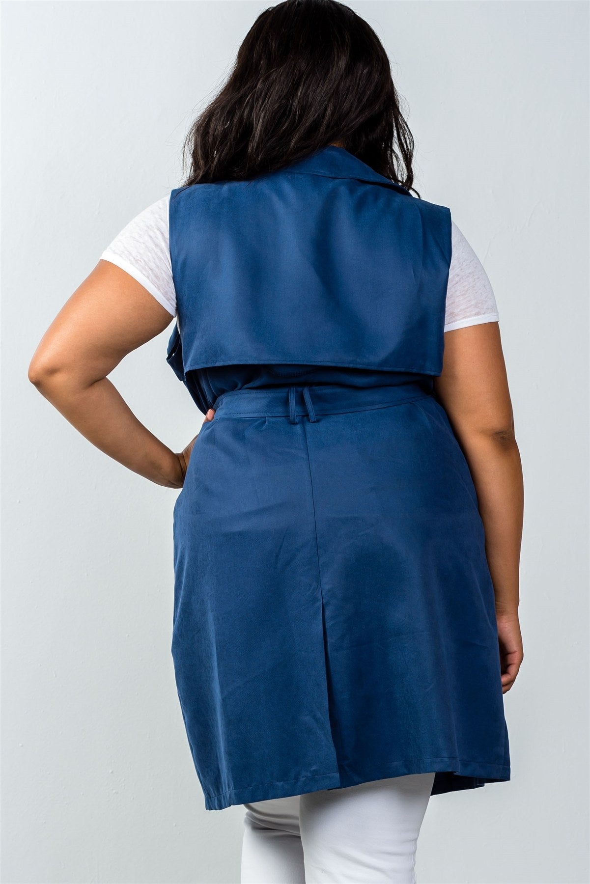 Ladies fashion plus size  navy double breasted sleeveless belted vest