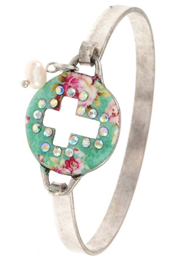Ladies fashion rhinestone pave cross cut out bangle bracelet