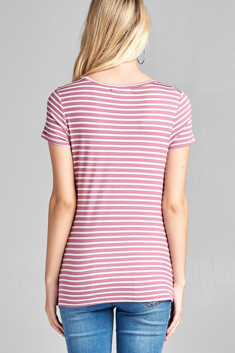 Ladies fashion short sleeve scoop neck stripe rayon spandex top