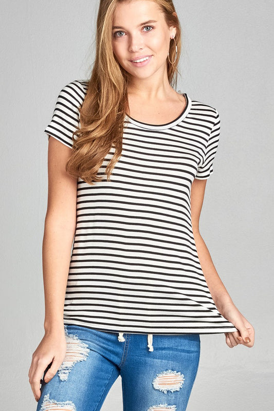 Ladies fashion short sleeve scoop neck stripe rayon spandex top