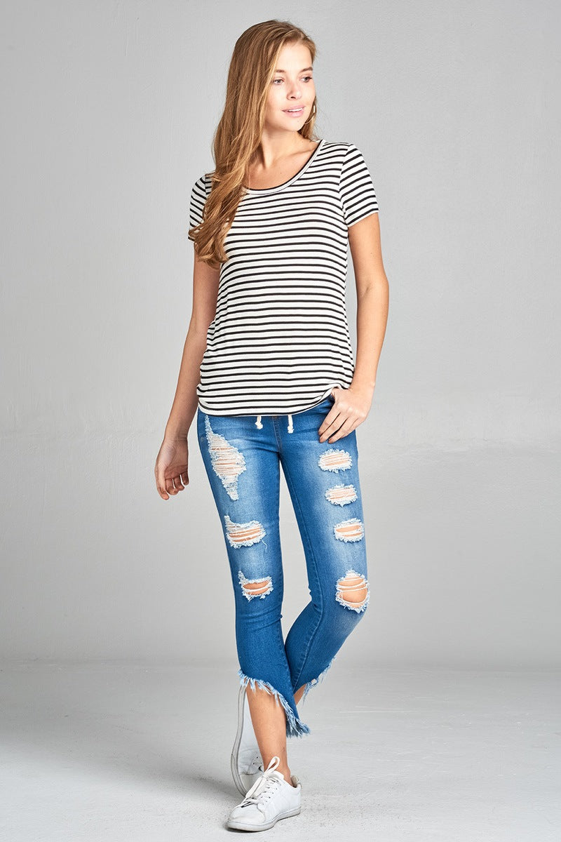 Ladies fashion short sleeve scoop neck stripe rayon spandex top