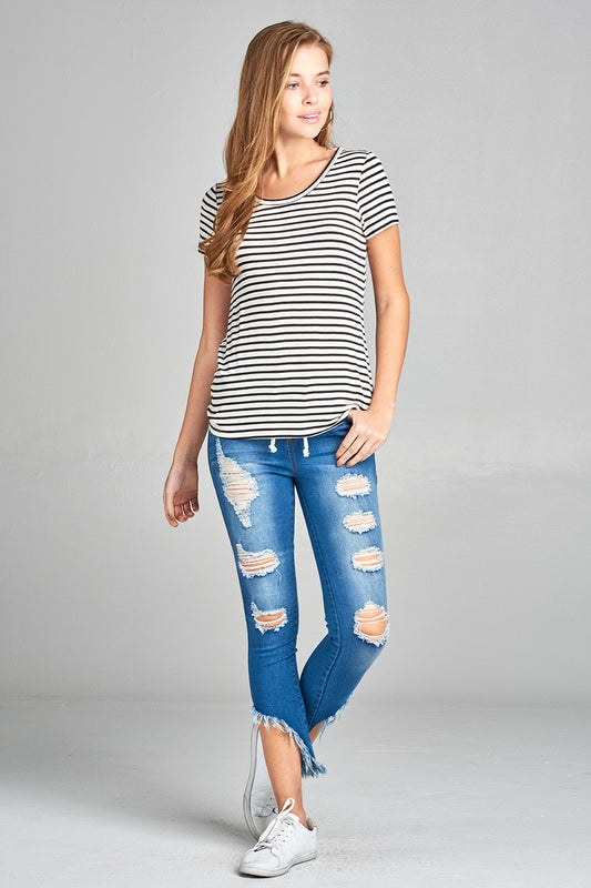 Ladies fashion short sleeve scoop neck stripe rayon spandex top