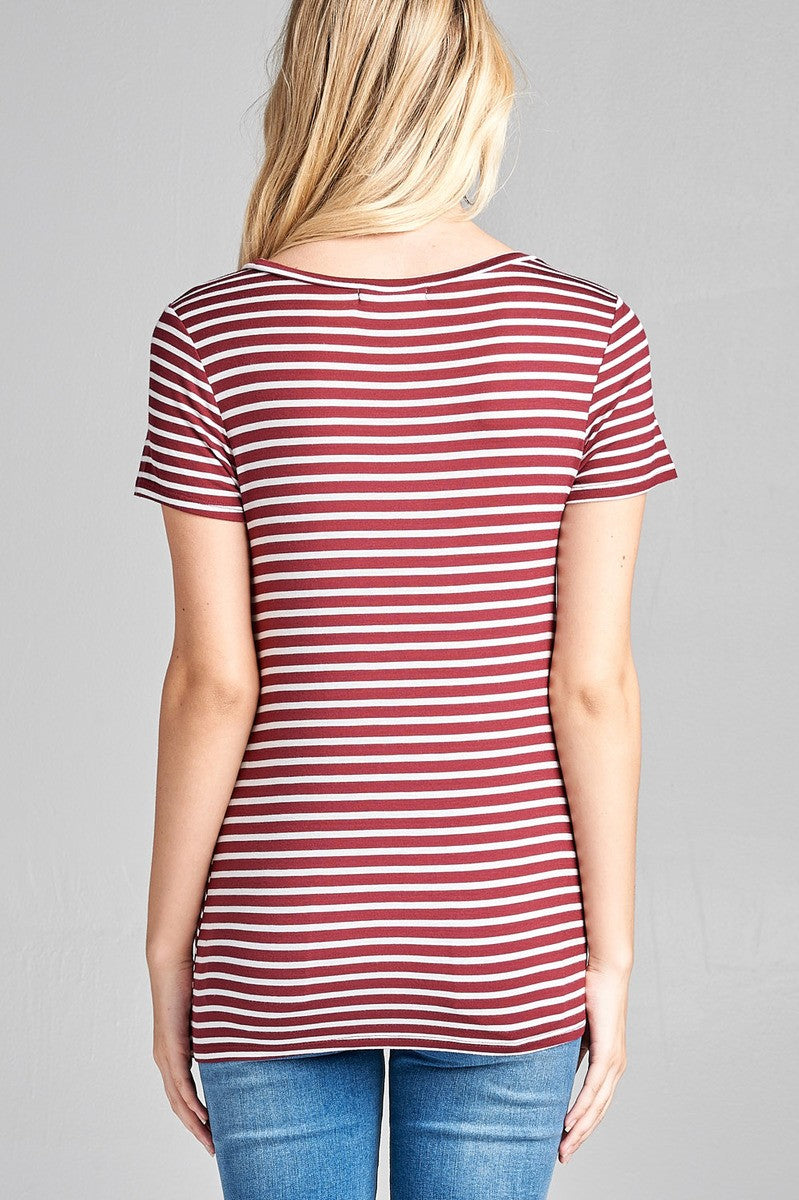 Ladies fashion short sleeve scoop neck stripe rayon spandex top