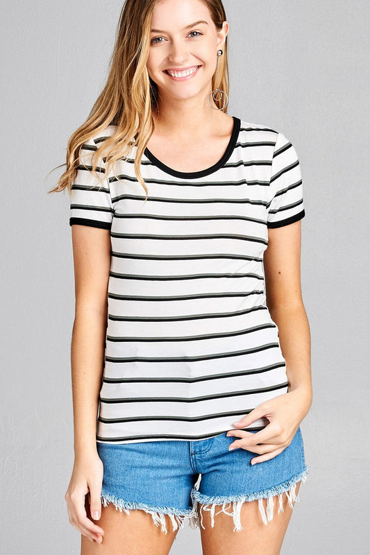 Ladies fashion short sleeve round neck yarn dye stripe rayon spandex jersey top