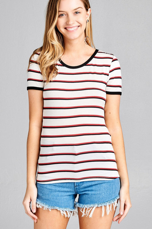 Ladies fashion short sleeve round neck yarn dye stripe rayon spandex jersey top