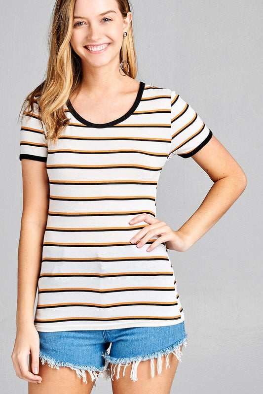 Ladies fashion short sleeve round neck yarn dye stripe rayon spandex jersey top