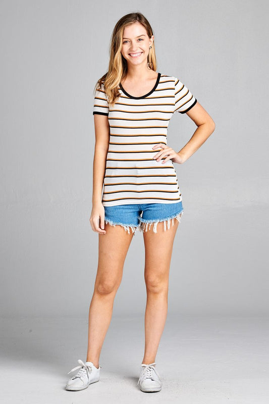 Ladies fashion short sleeve round neck yarn dye stripe rayon spandex jersey top