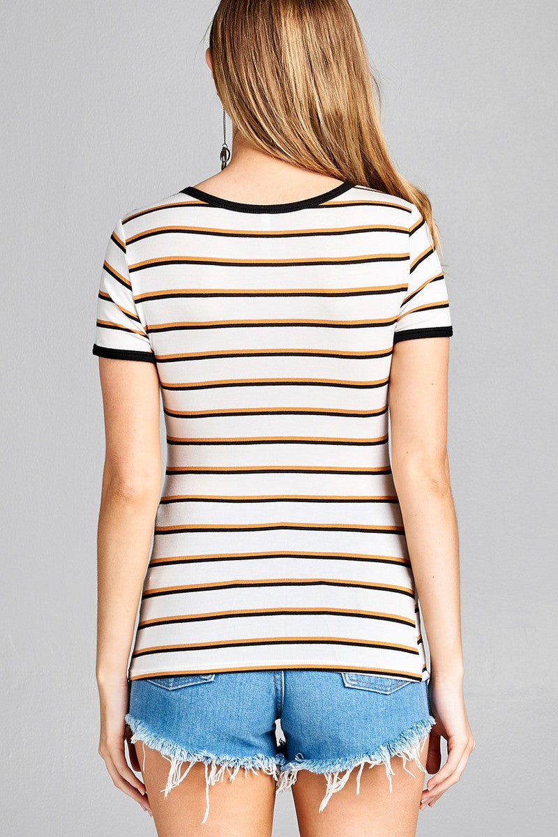Ladies fashion short sleeve round neck yarn dye stripe rayon spandex jersey top