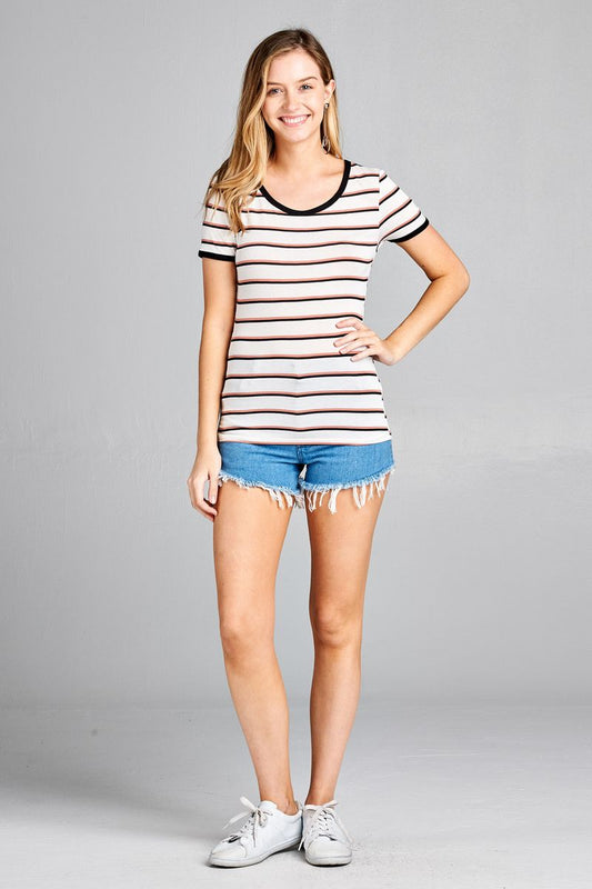 Ladies fashion short sleeve round neck yarn dye stripe rayon spandex jersey top