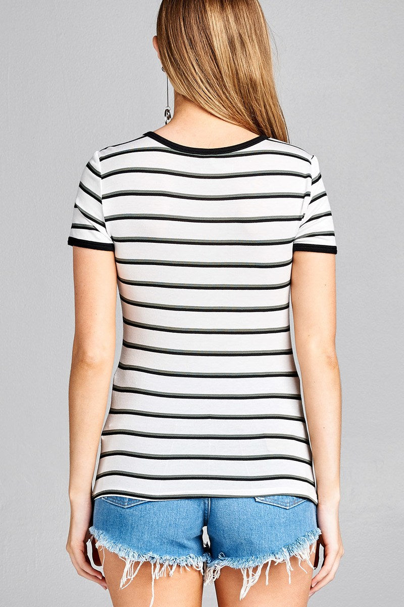 Ladies fashion short sleeve round neck yarn dye stripe rayon spandex jersey top