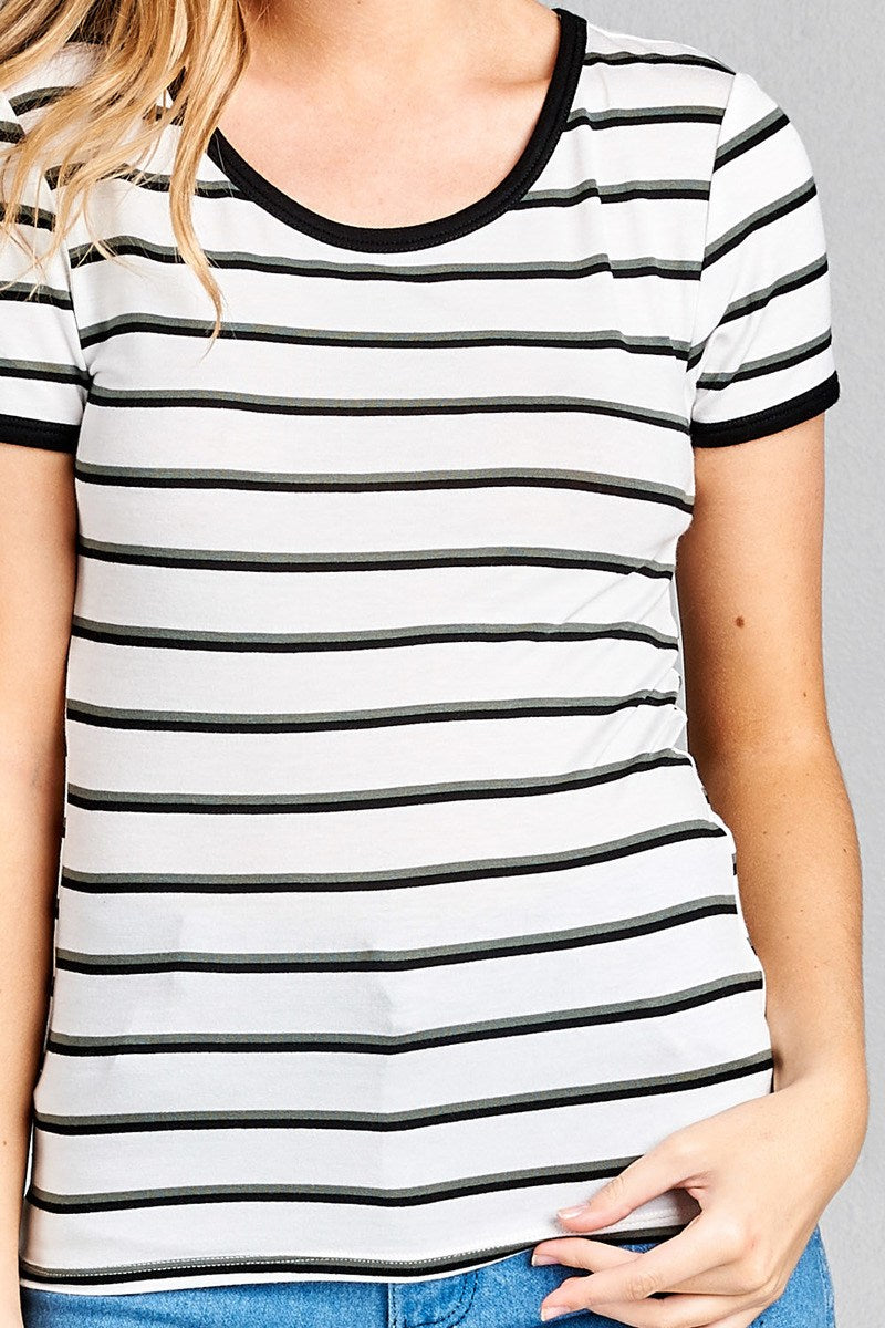 Ladies fashion short sleeve round neck yarn dye stripe rayon spandex jersey top