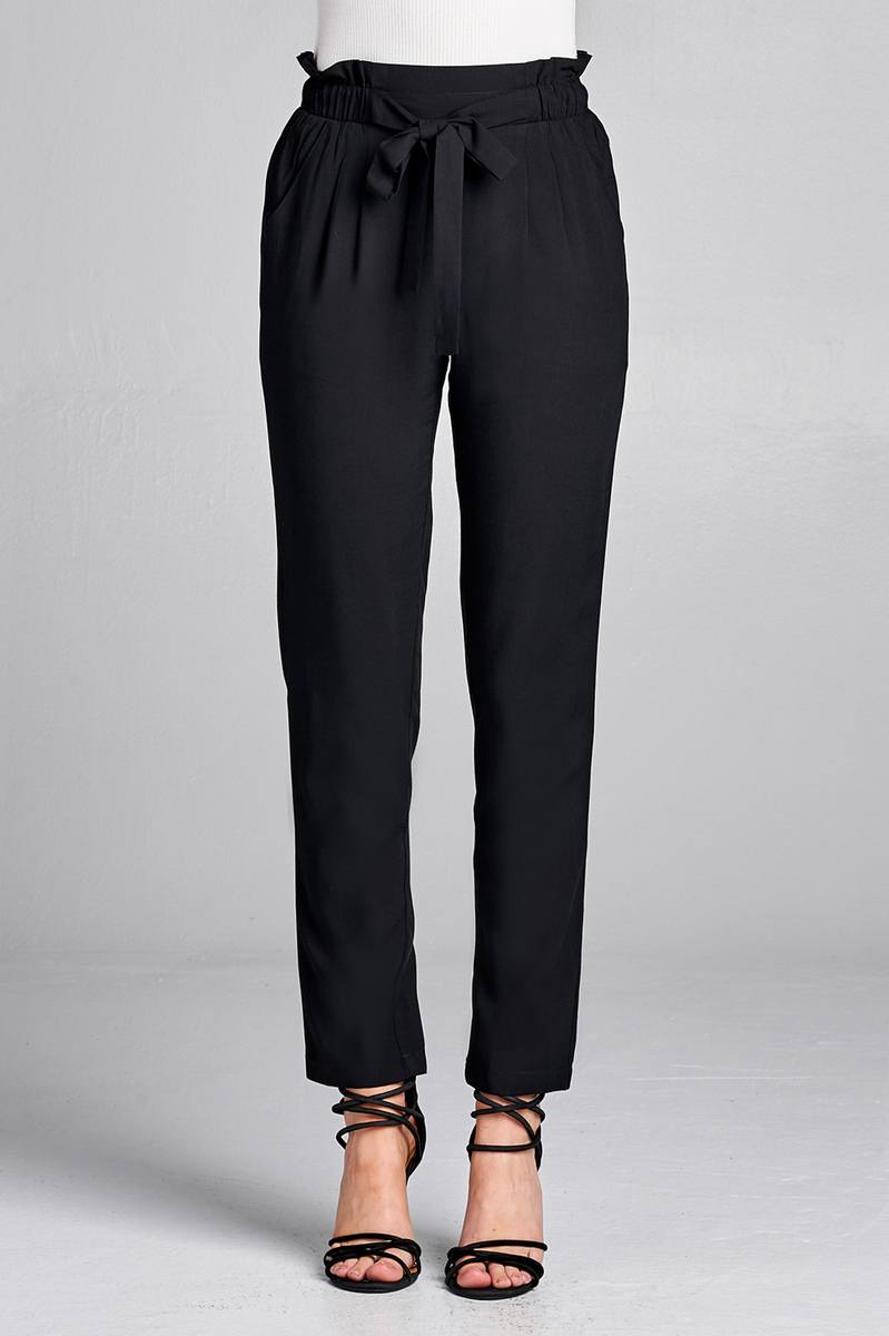 Ladies fashion self ribbon detail long leg woven pants