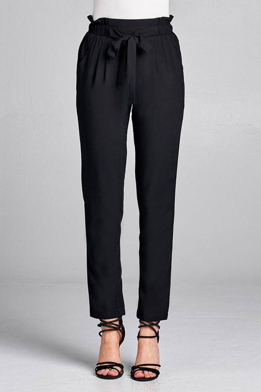 Ladies fashion self ribbon detail long leg woven pants