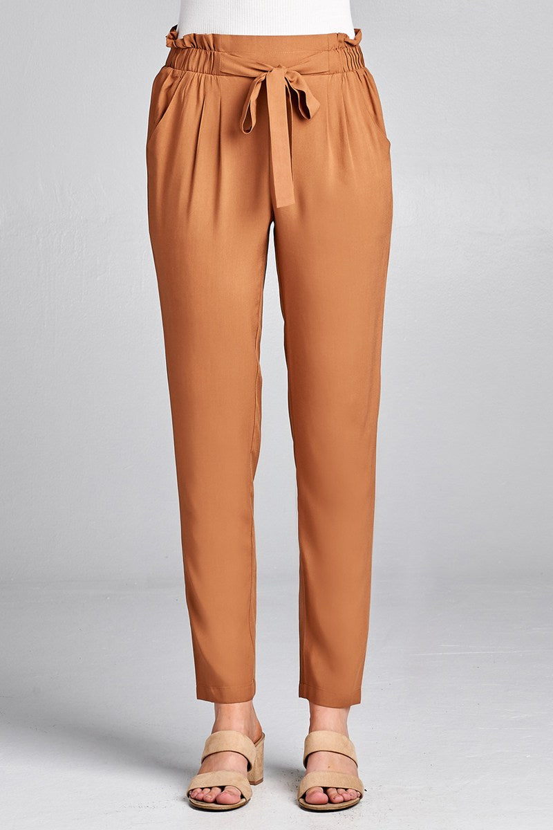 Ladies fashion self ribbon detail long leg woven pants