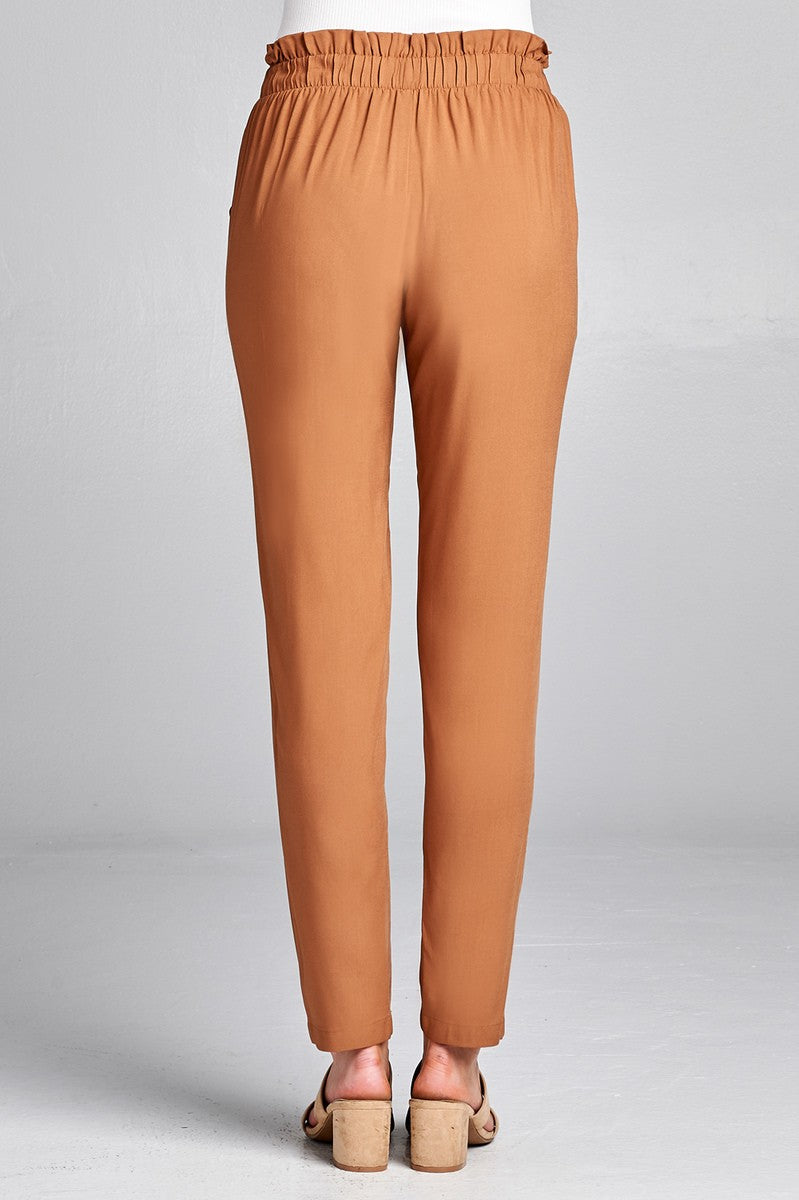 Ladies fashion self ribbon detail long leg woven pants