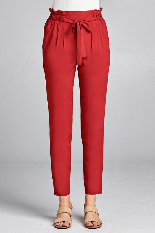 Ladies fashion self ribbon detail long leg woven pants