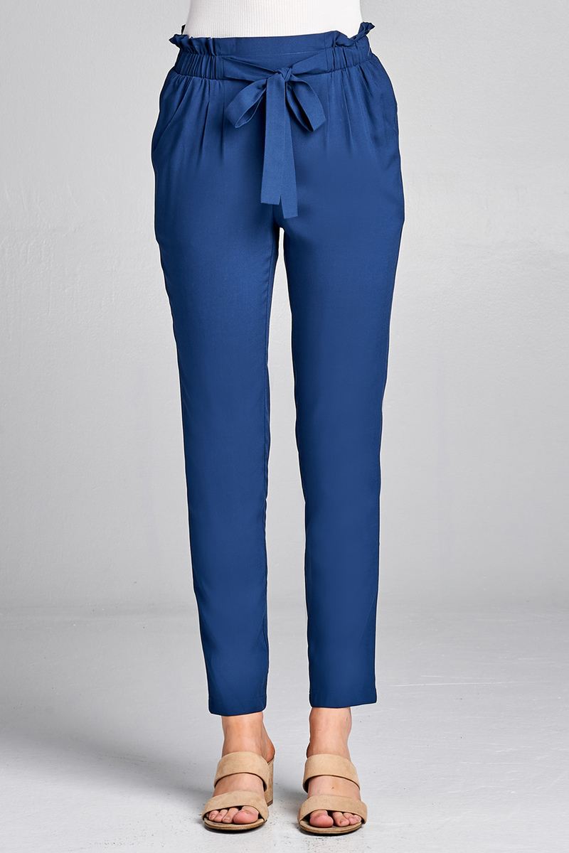 Ladies fashion self ribbon detail long leg woven pants