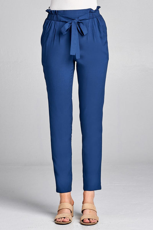 Ladies fashion self ribbon detail long leg woven pants
