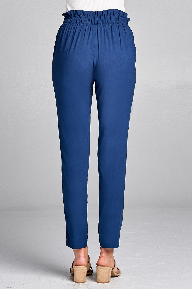 Ladies fashion self ribbon detail long leg woven pants