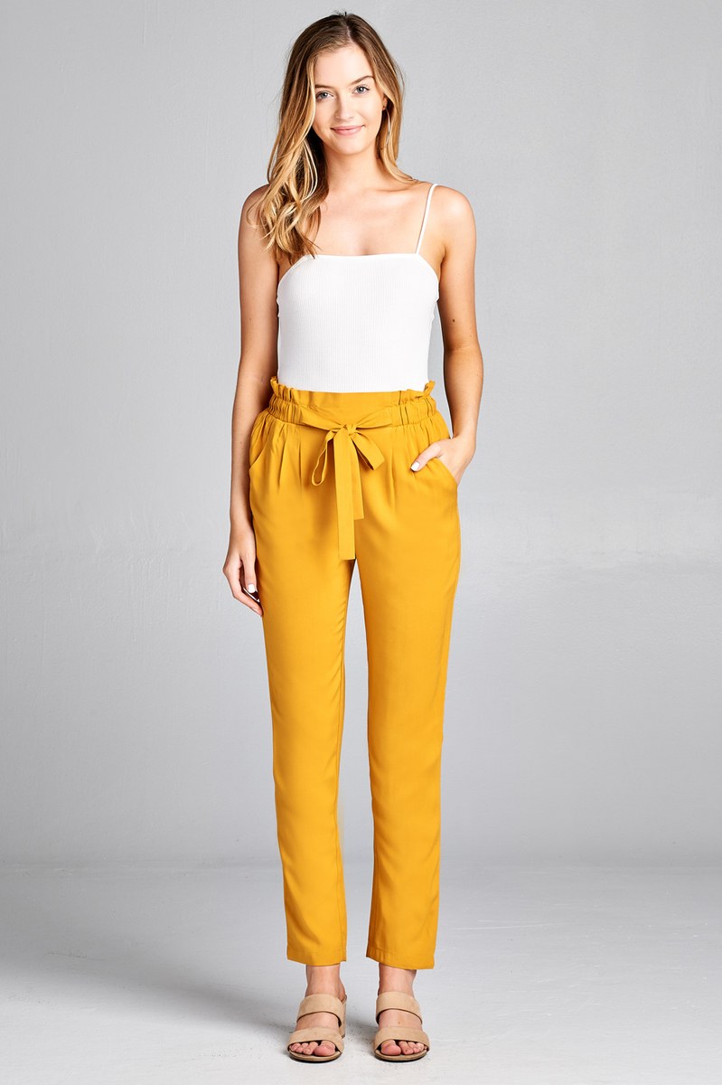 Ladies fashion self ribbon detail long leg woven pants