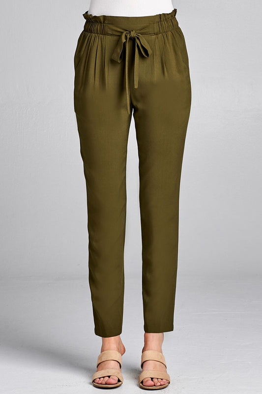 Ladies fashion self ribbon detail long leg woven pants
