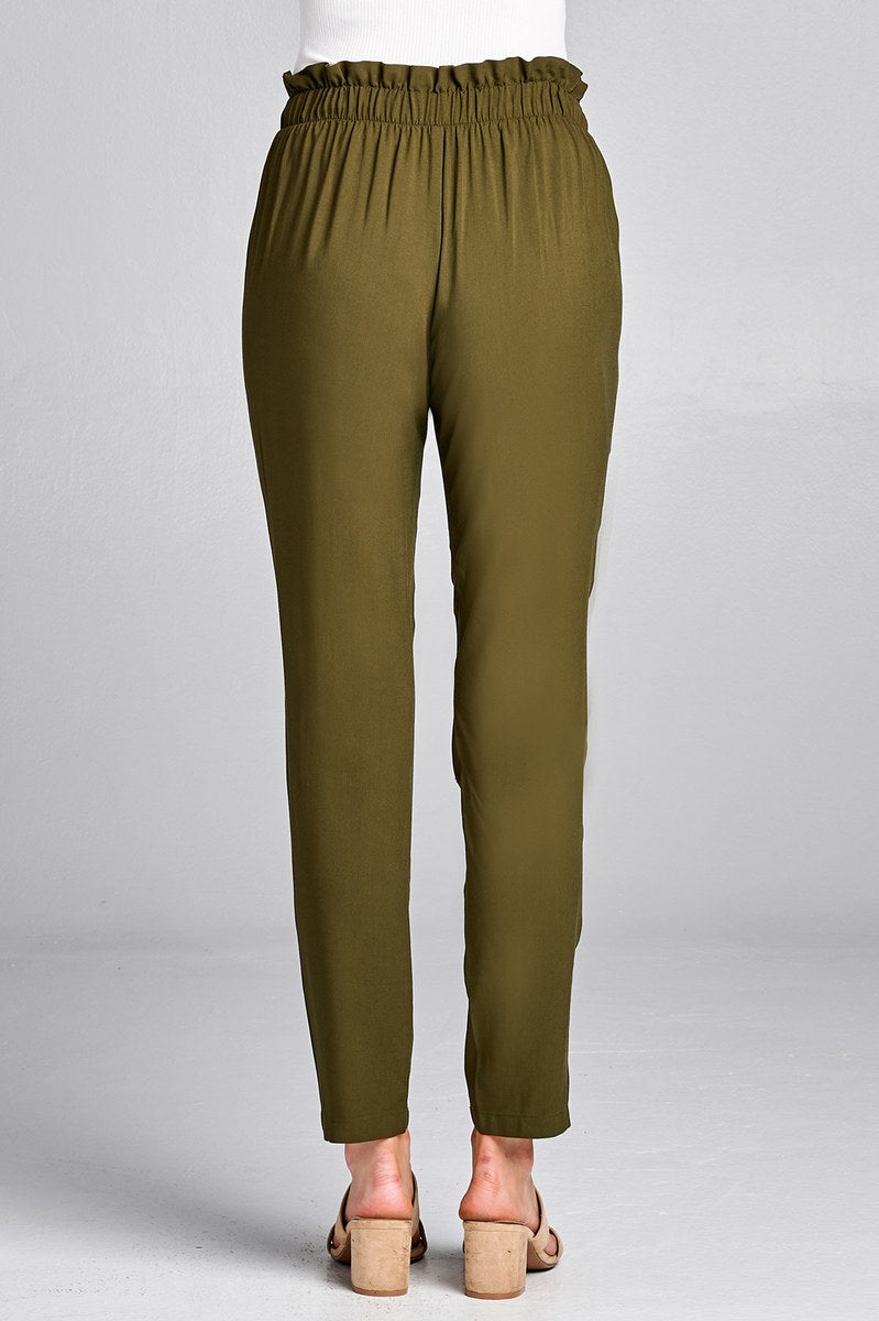 Ladies fashion self ribbon detail long leg woven pants