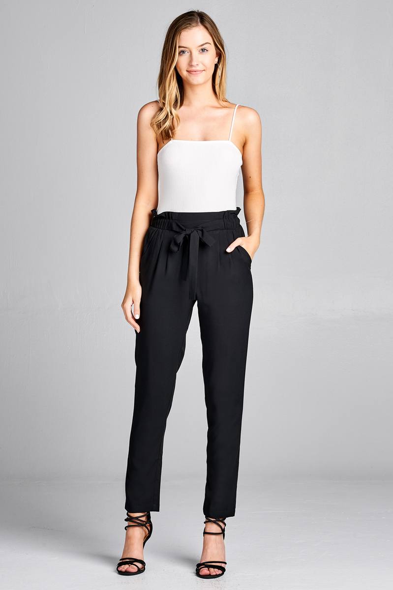 Ladies fashion self ribbon detail long leg woven pants
